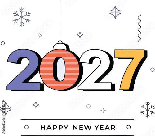 Happy new year 2027 greeting card with christmas ball