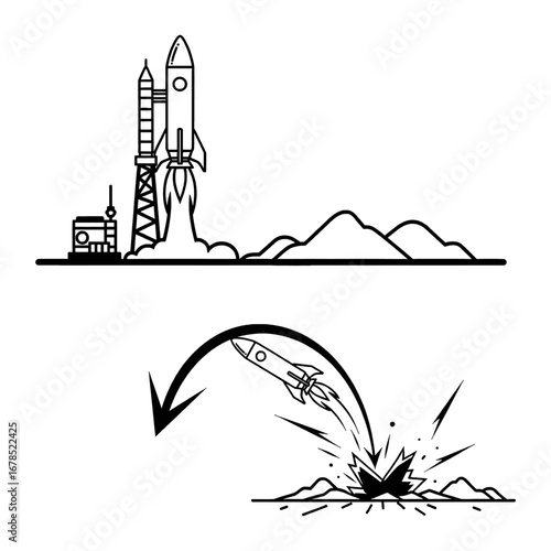 Rocket Launch and Failure Graphic Illustration in Black and White Line Art Style Showing Ambition and Downfall
