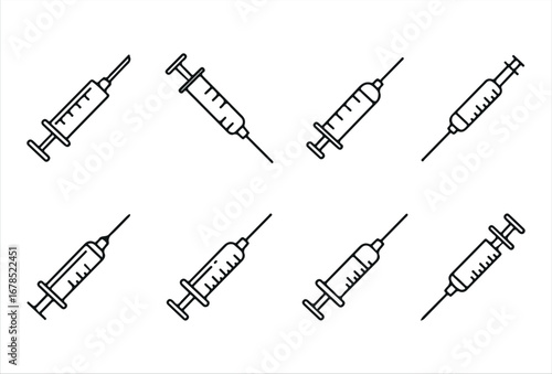 Minimalist syringe illustrations pack, suitable for medical graphics, pharmaceutical branding, and digital health apps