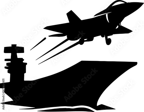 Silhouette of Fighter Jet Taking Off Aircraft Carrier Black And White Silhouette Vector With White Background 