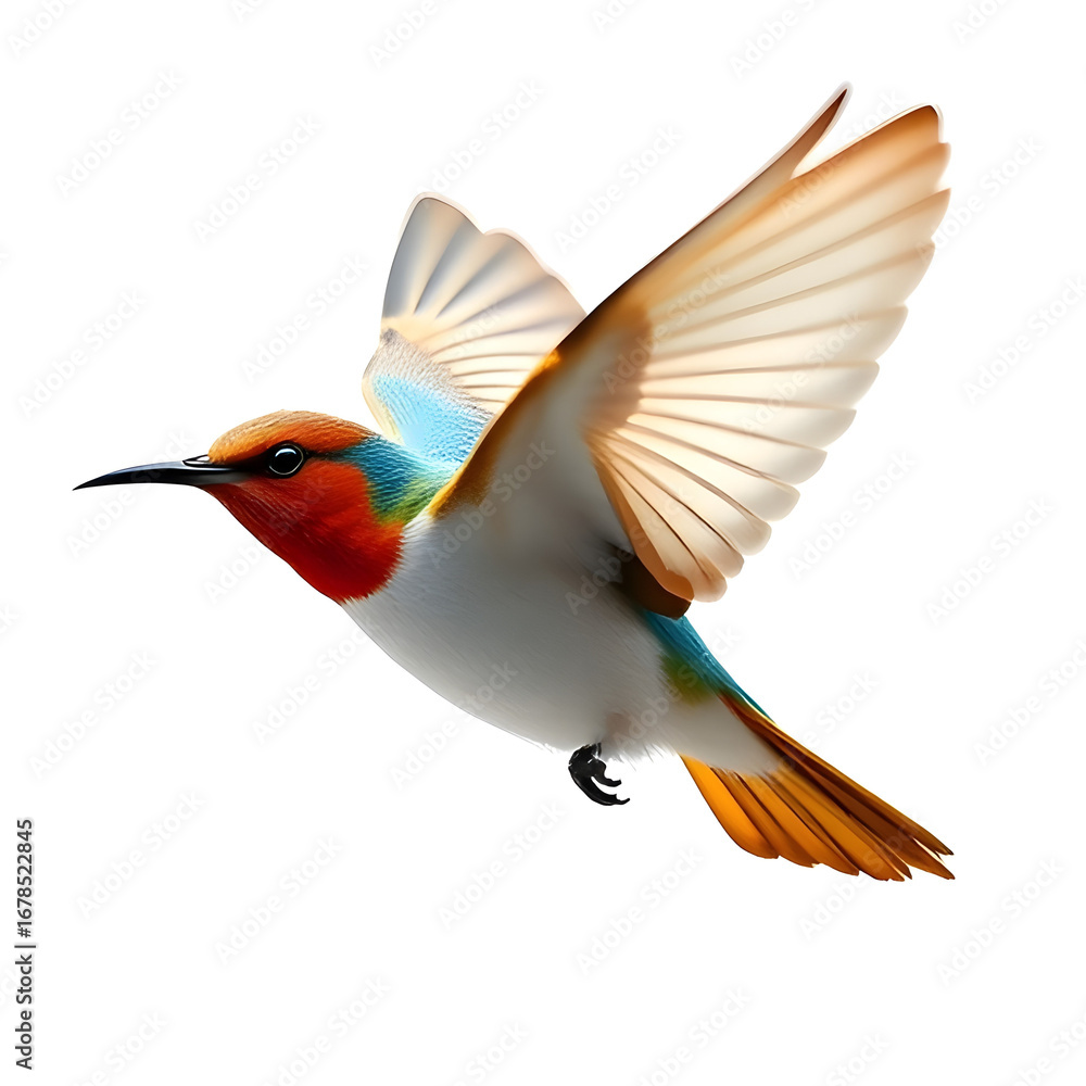 Obraz premium hummingbird on white background - A colorful hummingbird in flight, showcasing vibrant plumage, isolated on a white background, suitable for nature and animal themes.