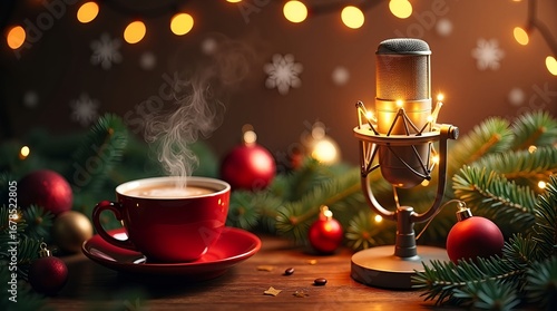 Christmas podcast artwork showing glowing microphone on wood table with fairy lights, cocoa cup, ornaments, pine decor, red-green colors, snowflake backdrop, soft warm cheerful festive ambiance