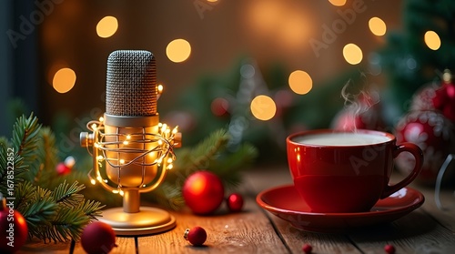 Cozy Christmas podcast cover with glowing microphone wrapped in fairy lights, wooden table with pine branches, ornaments, steaming cocoa, festive red-green palette, snowflakes, soft bokeh
