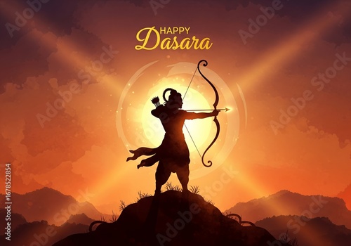 Lord Rama with bow and Arrow, Navratri 2025, cinematic style Lord Rama illustration, Happy Dasara poster