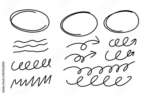 Highlight oval frames, marker arrows, hand drawn underlines lines. Hand drawn scribble doodle circle set. Ovals and ellipses line template. Stock vector illustration isolated on white background.