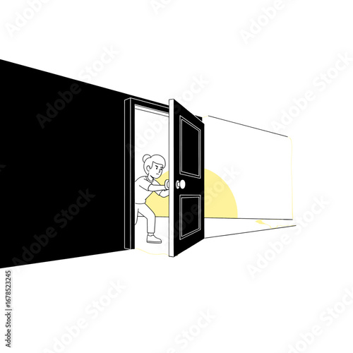 Pixelated Black and White Depiction of a Person Approaching an Open Door with Yellow Light