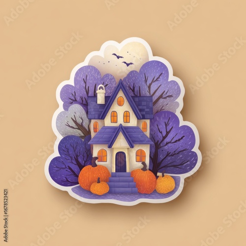 A sticker of purple haunted house surrounded by trees and pumpkins, in a cartoon style
