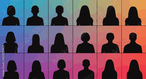 A grid of silhouetted human head and shoulder profiles against a colorful gradient background, showing various hairstyles and head shapes.