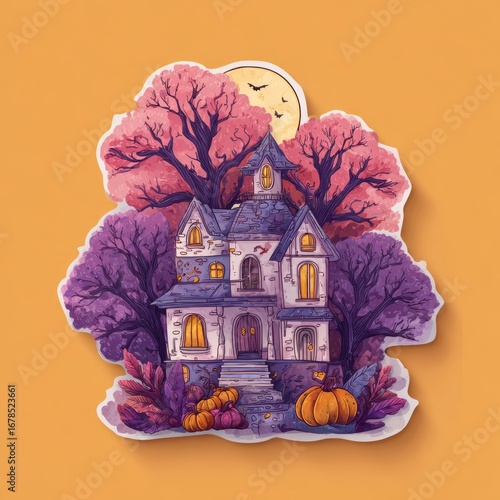 A sticker of purple haunted house surrounded by trees and pumpkins, in a cartoon style