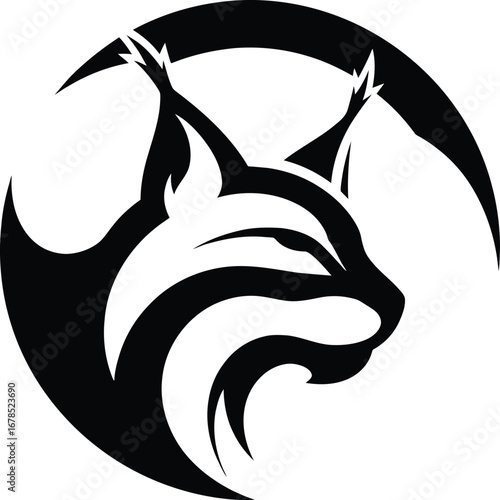 Stylized black lynx head silhouette against a crescent moon
