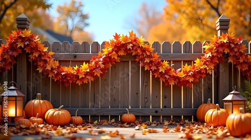 Autumn-inspired rustic scene with intricately hanging orange, red, and yellow garlands, plump pumpkins, crunching leaves, bronze lanterns, and a wooden fence under bright clear sky