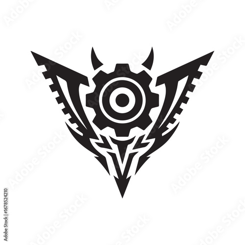 Abstract Mechanical Tribal Tattoo with Gear and Wings, Biomechanical Steampunk Vector Symbol
