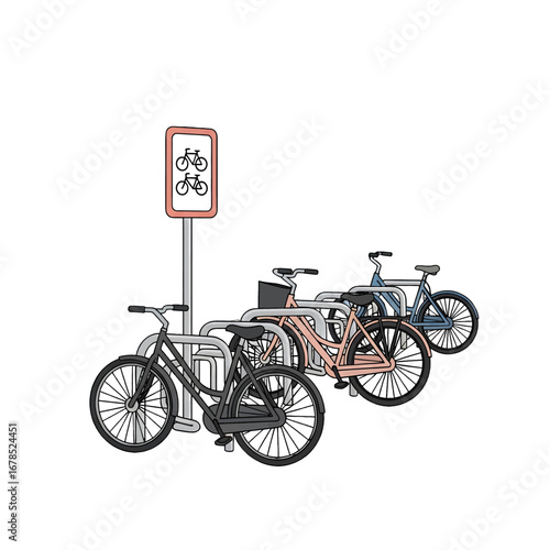 Bicycle Parking Rack with Multiple Bikes Pixel Art Illustration in Black Blue and Pink Colors on White Background