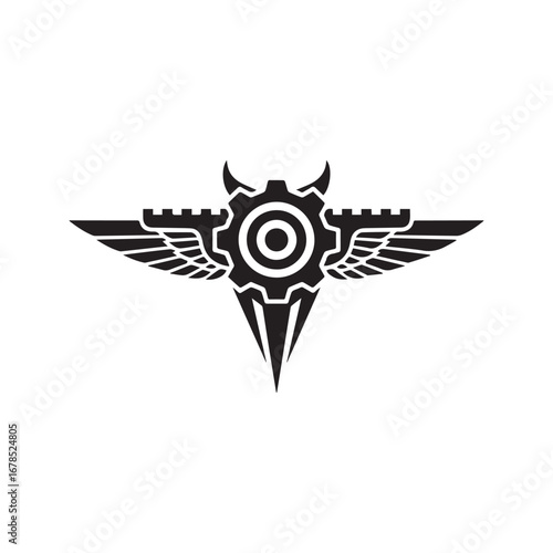 Abstract Mechanical Tribal Tattoo with Gear and Wings, Biomechanical Steampunk Vector Symbol
