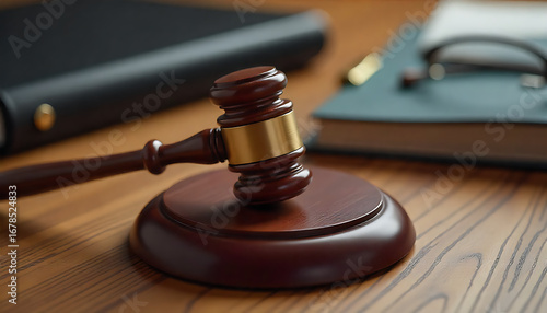 A realistic 3D model of a wooden judge's gavel placed on a round block, with a wooden background and a book