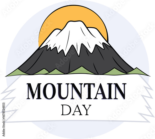 Mountain day illustration with a sun behind the mountain, celebrating the beauty and majesty of mountains