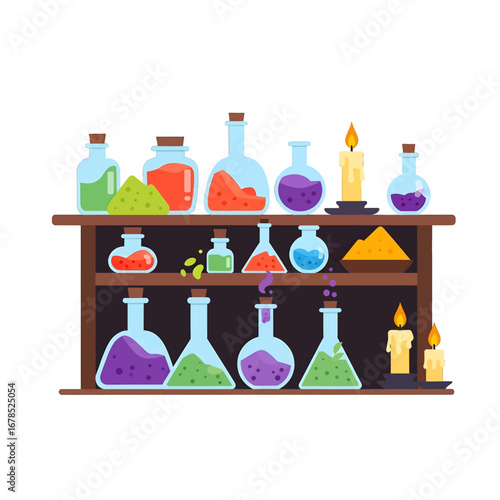 Pixel Art of Magic Potion Bottles on Wooden Shelves with Candles in a Still Life Composition
