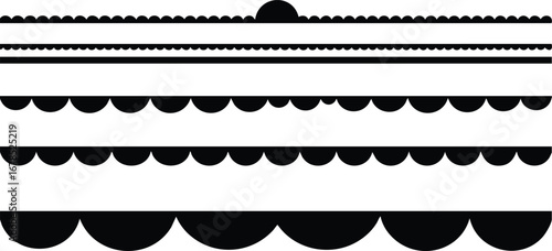 A collection of six different black and white scalloped border designs, each with varying sizes and spacing.