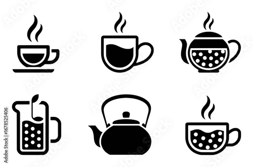 Collection of Black and White Icons Featuring Hot Beverages and Teapots