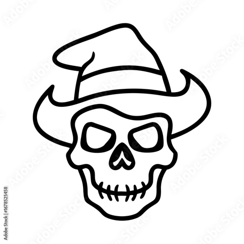 Skull wearing a hat in a simple line art style for Día de los Muertos concept  