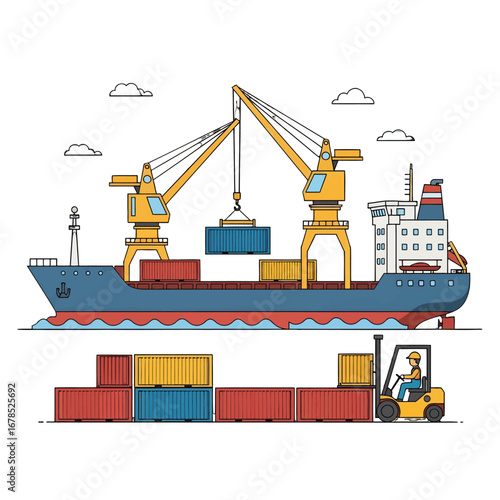 Cargo Container Ship with Cranes Loading Containers with Forklift in a Modern Flat Illustration Style