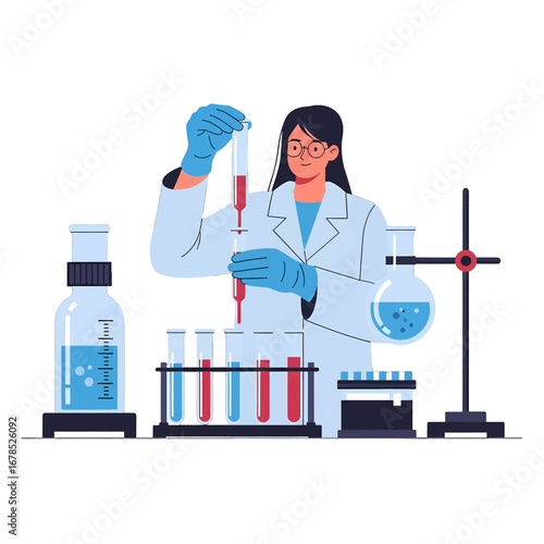 Female Scientist Conducting Experiment in a Lab with Test Tubes and Chemical Solutions in White Background