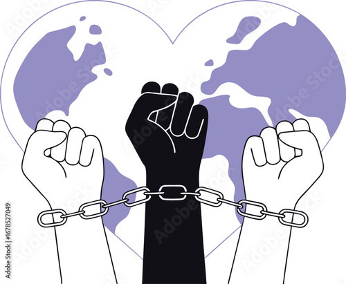 Hands in shackles with a heart and world representing freedom and equality
