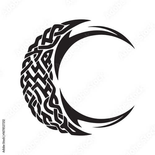 Tribal Crescent Moon Tattoo with Celtic Knotwork, Black Vector Symbol Isolated on White
