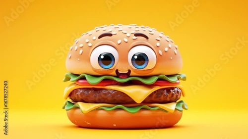 Cute 3D Cartoon Burger Character with Googly Eyes - Seamless Loop Animation