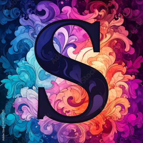 Ornate capital 'S' on a colorful textured background