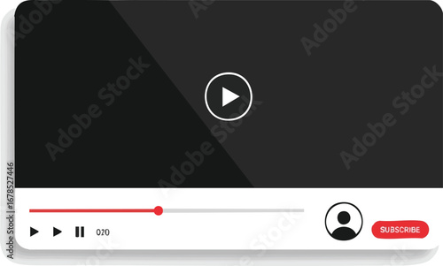 A minimalist video player interface with a play button, progress bar, user icon, and a subscribe button on a white background.
