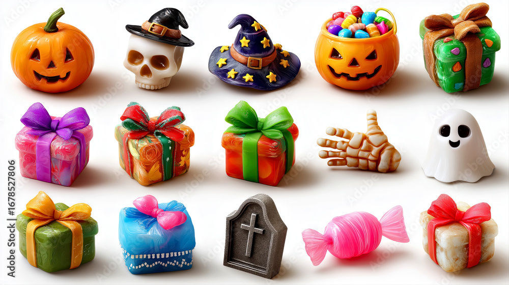 Fototapeta premium Halloween Theme: Pumpkin, Skull, Witch Hat, Gifts, and Candy on White Background