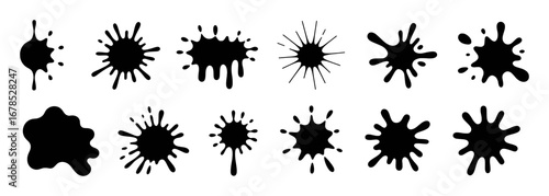 Collection of Black Ink Splatter and Splash Shapes on White Background