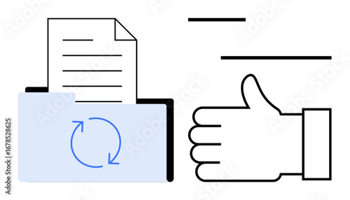 Folder with a document and synchronization icon alongside a thumbs-up sign. Ideal for data management, approval workflows, file sharing, quality assurance, collaboration, task tracking, simple
