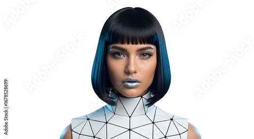 Futuristic Woman with Bob Haircut and Metallic Lipstick | Sci-fi Portrait for Beauty Products, Technology Concepts and Fashion Design