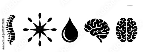 Medical Icons: Spine, Splatter, Droplet, and Brains