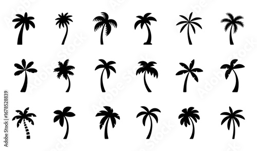 Collection of Black Silhouette Palm Tree Icons on White Background