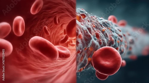 Detailed blood vessel illustration with a comparison between healthy and clogged blood vessel showing red blood cells