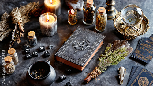 Mystical Witchcraft Altar with Spellbook, Candles, and Crystal Ball for Magical Rituals