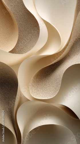 Abstract, flowing, curved sheets of cream and beige paper
