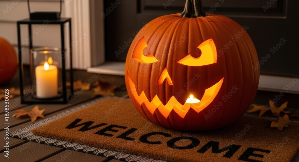 Obraz premium A festive Halloween pumpkin with glowing face welcomes guests on a cozy porch setting