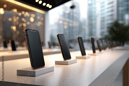 Modern smartphones displayed on a white counter in a trendy store