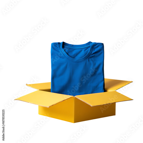 High quality png 3d illustration of blue tshirt in a yellow cardboard box isolated on transparent background, ready for delivery and shipping transparent background