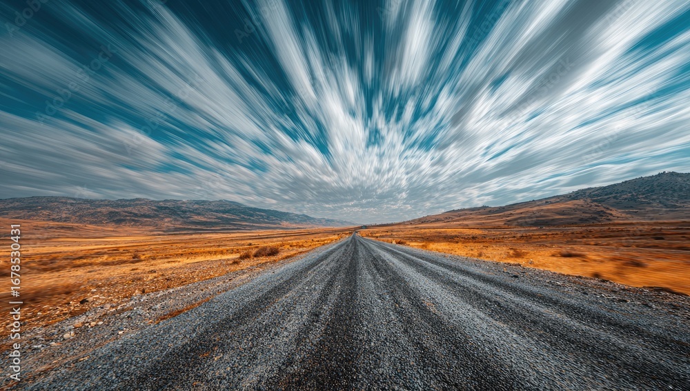 Fototapeta premium A gravel road stretches into a vibrant sky. Motion blurred clouds radiate outwards from the center of the image, showcasing a sense of vastness and movement. 