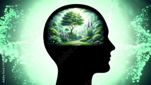Conceptual Animation of a Lush, Green Forest Growing Inside a Human Head Silhouette - Mental Health Concept