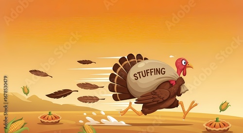 Animated Turkey Running with Stuffing in Festive Autumn Landscape