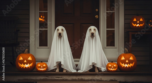 Two Adorable Dogs in Ghost Costumes Flanked by Glowing JackoLanterns.