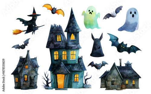 A set of clip art with Halloween symbols: ghosts, bats, witch on broom, haunted house. Watercolor on white background. AI generated.