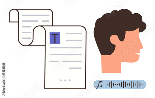 Persons profile with speech icon next to documents and audio waveform, representing transcription, data processing, and communication. Ideal for technology, accessibility, AI, education, media