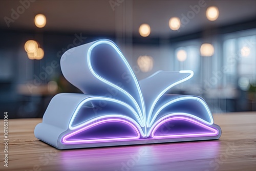 Neon book symbol on wooden table